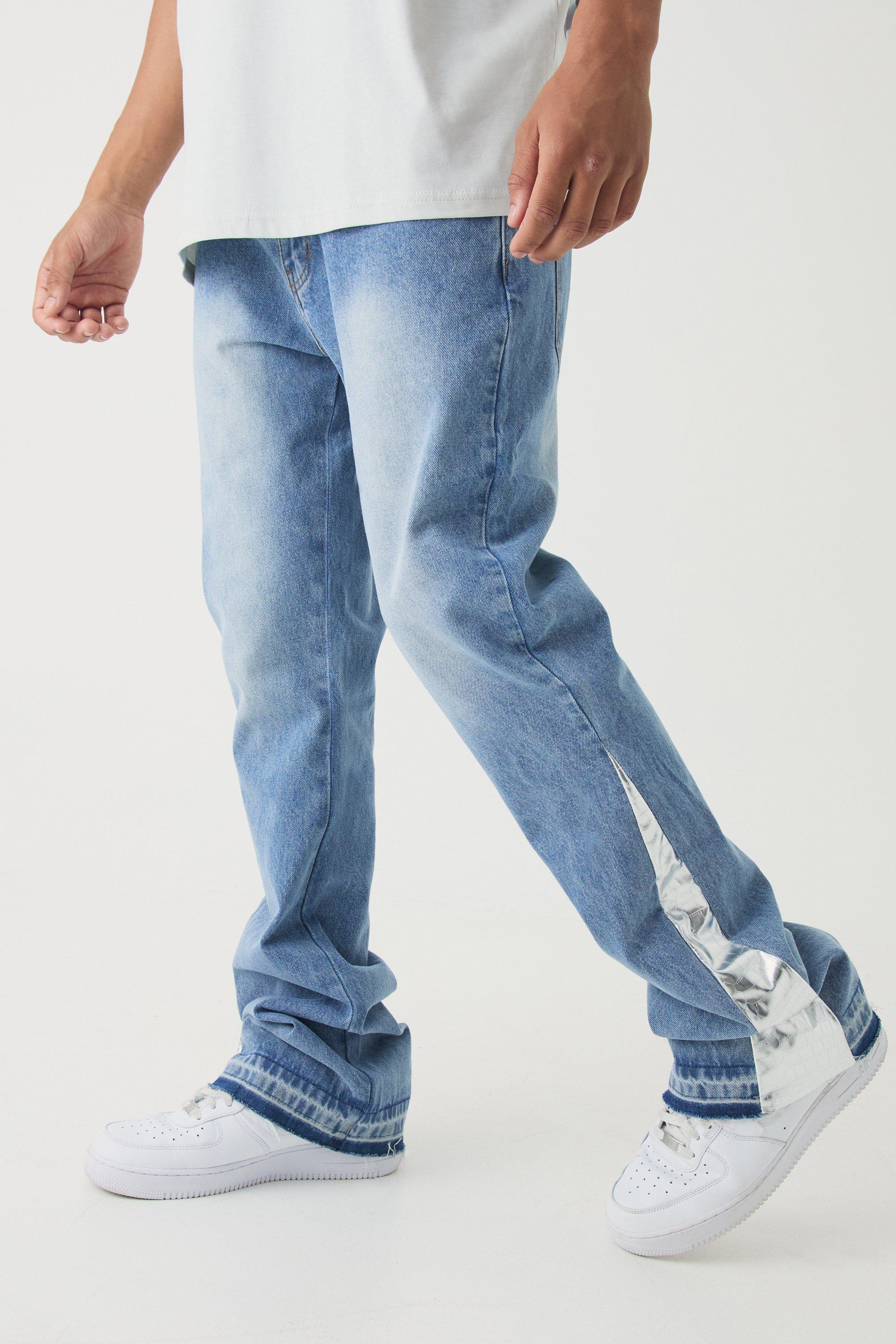 Mens Blue Slim Rigid Flare Pu Gusset Jeans, Blue